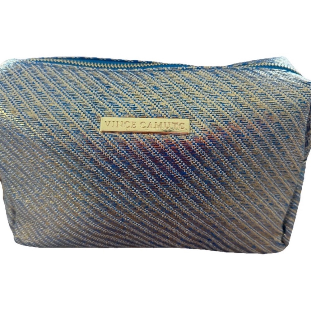NEW VINCE CAMUTO METALLIC IRIDESCENT BLUE STRIPE COSMETIC MAKEUP BAG CASE TRAVEL